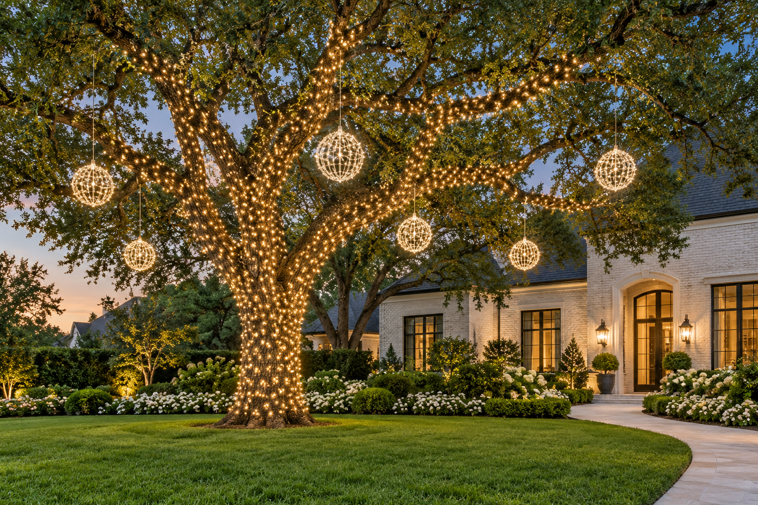 Coordinated Christmas lights decorating several outdoor landscape trees