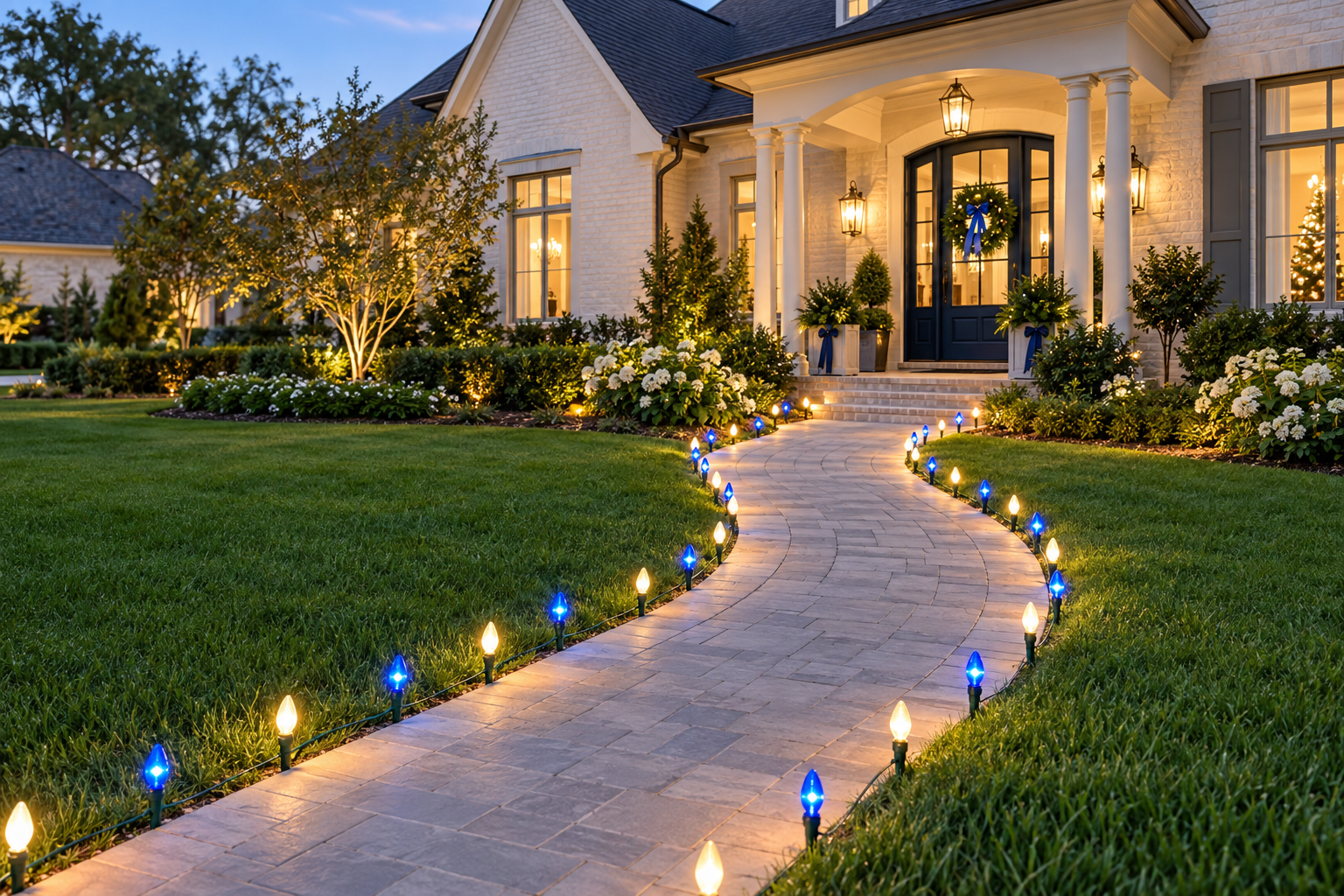Christmas pathway lights following the curves of a landscaped front walk