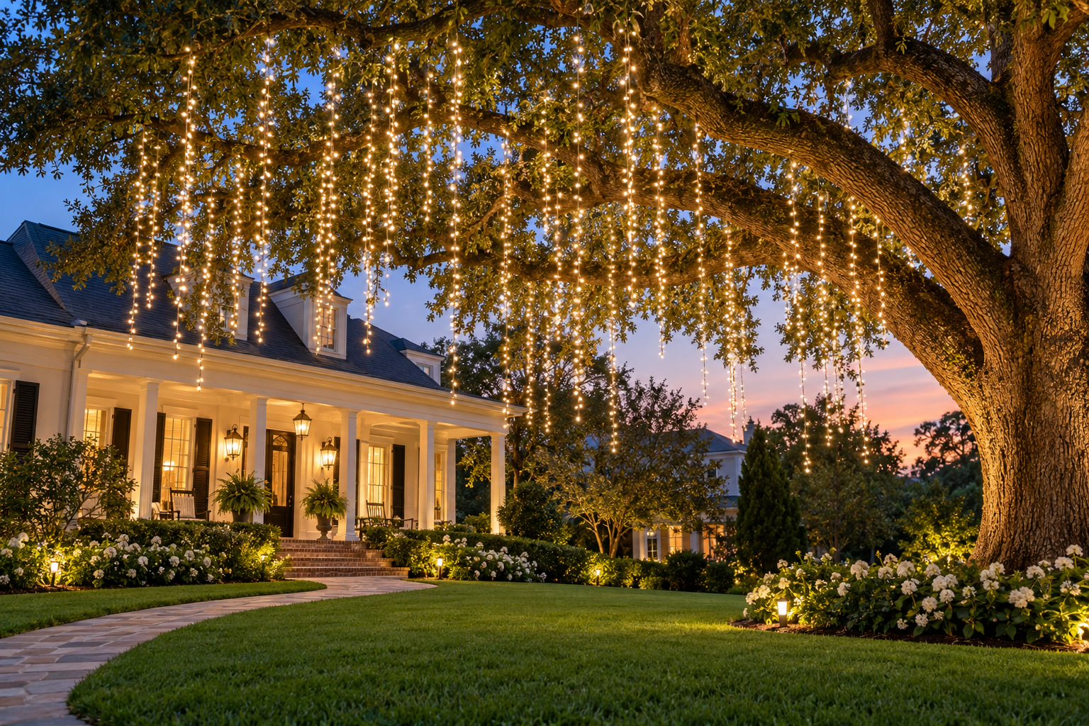 Hanging strands of warm white Christmas lights creating a cascading display