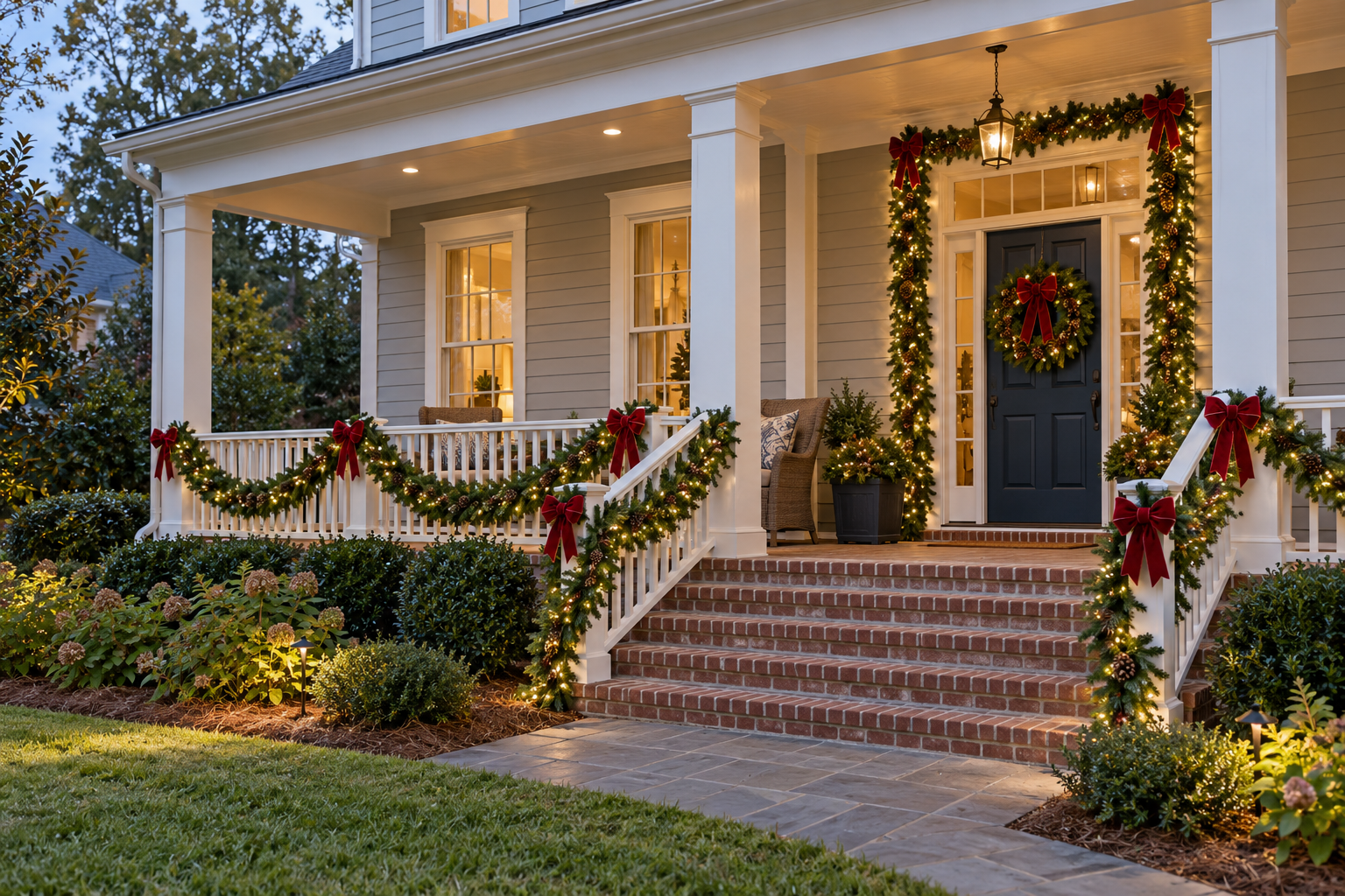 Illuminated Christmas garland wrapped around porch columns