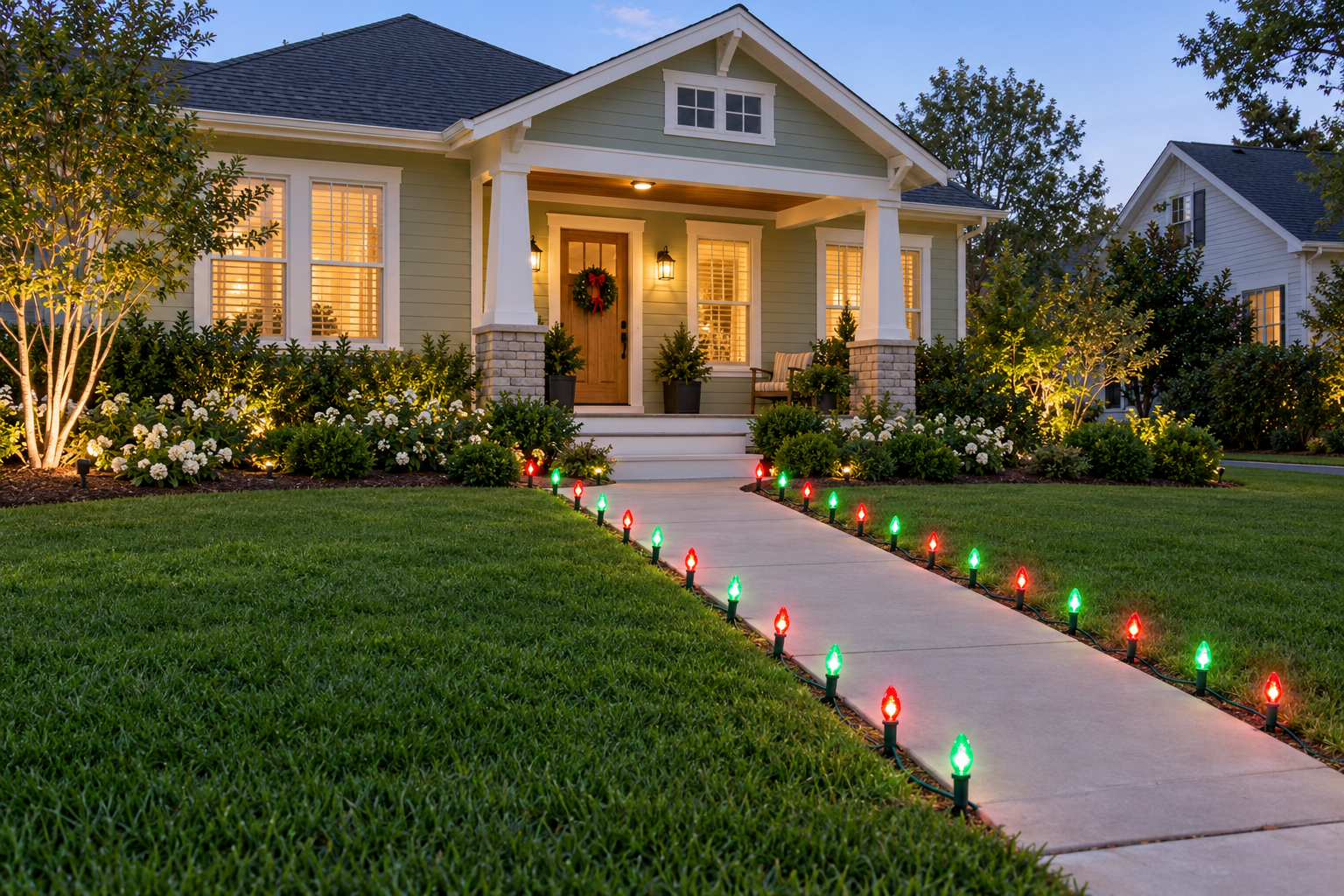 Christmas lights neatly outlining the edges of a residential driveway