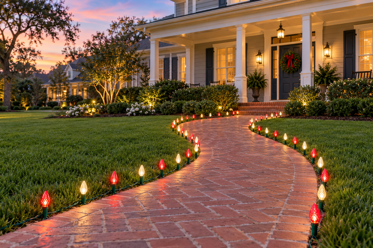 Classic warm white Christmas bulbs bordering an entrance path