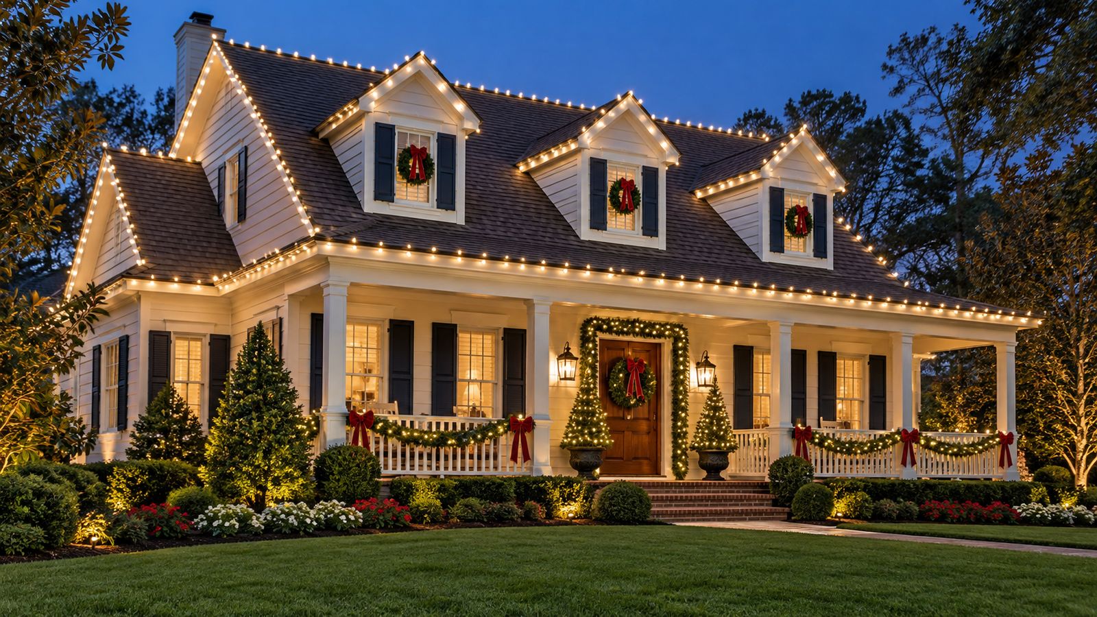 Classic warm white Christmas lights along a roofline