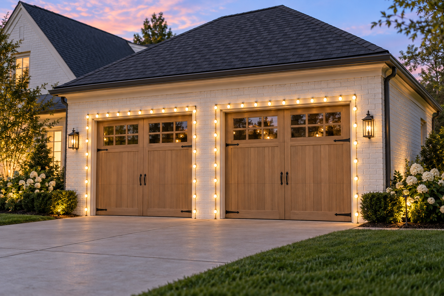 Classic warm white Christmas bulbs around a garage door opening