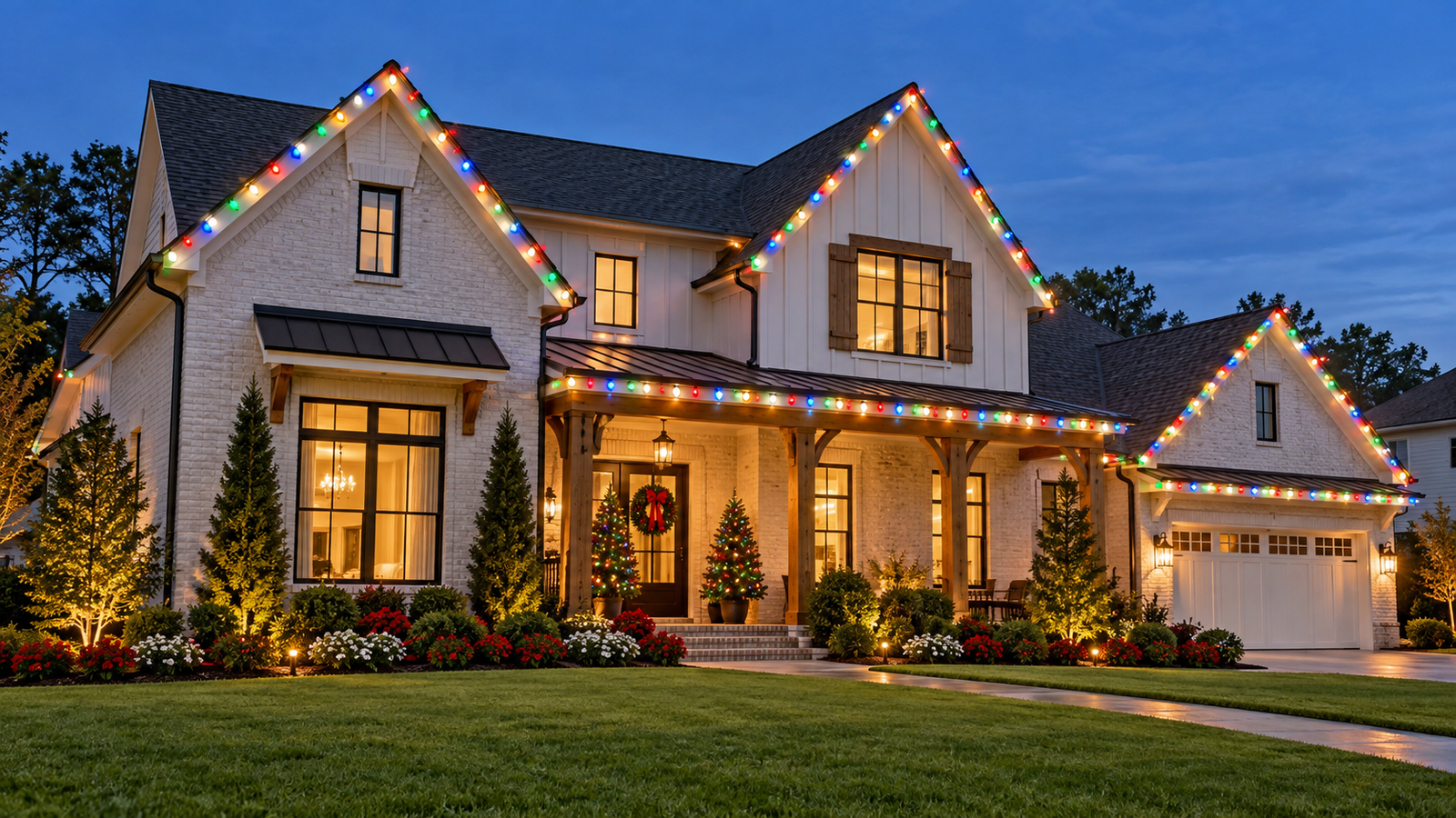 Colorful Christmas lights installed along a roofline