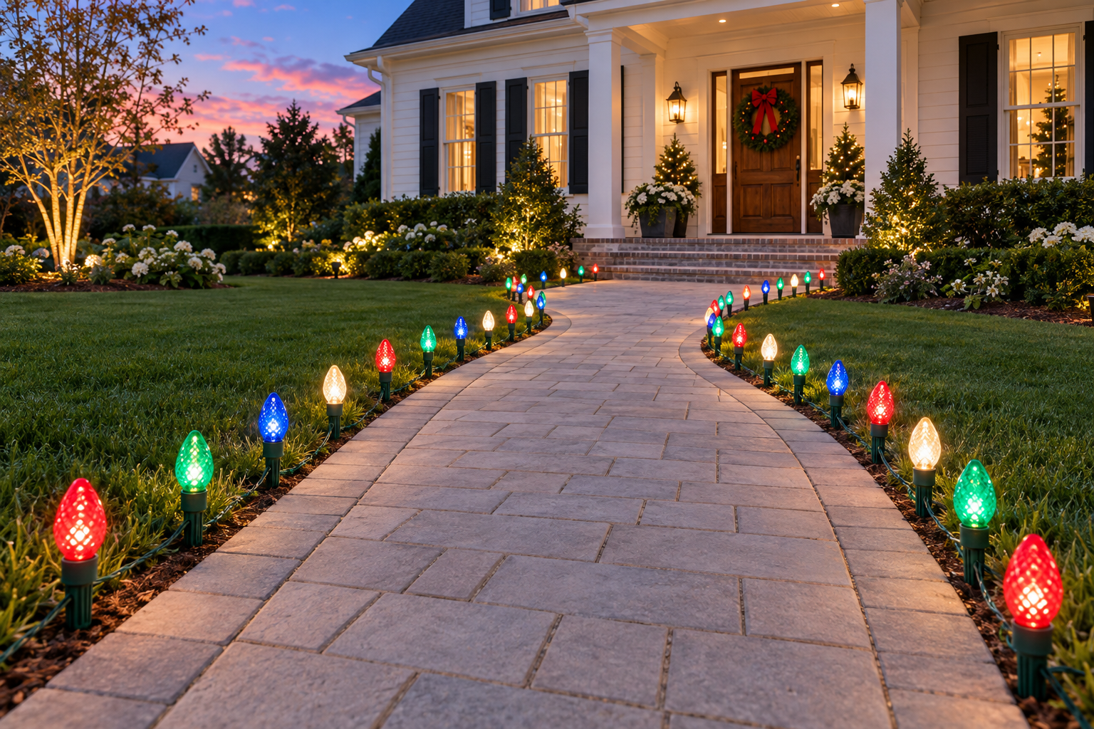 Multicolor Christmas lights arranged along a front pathway