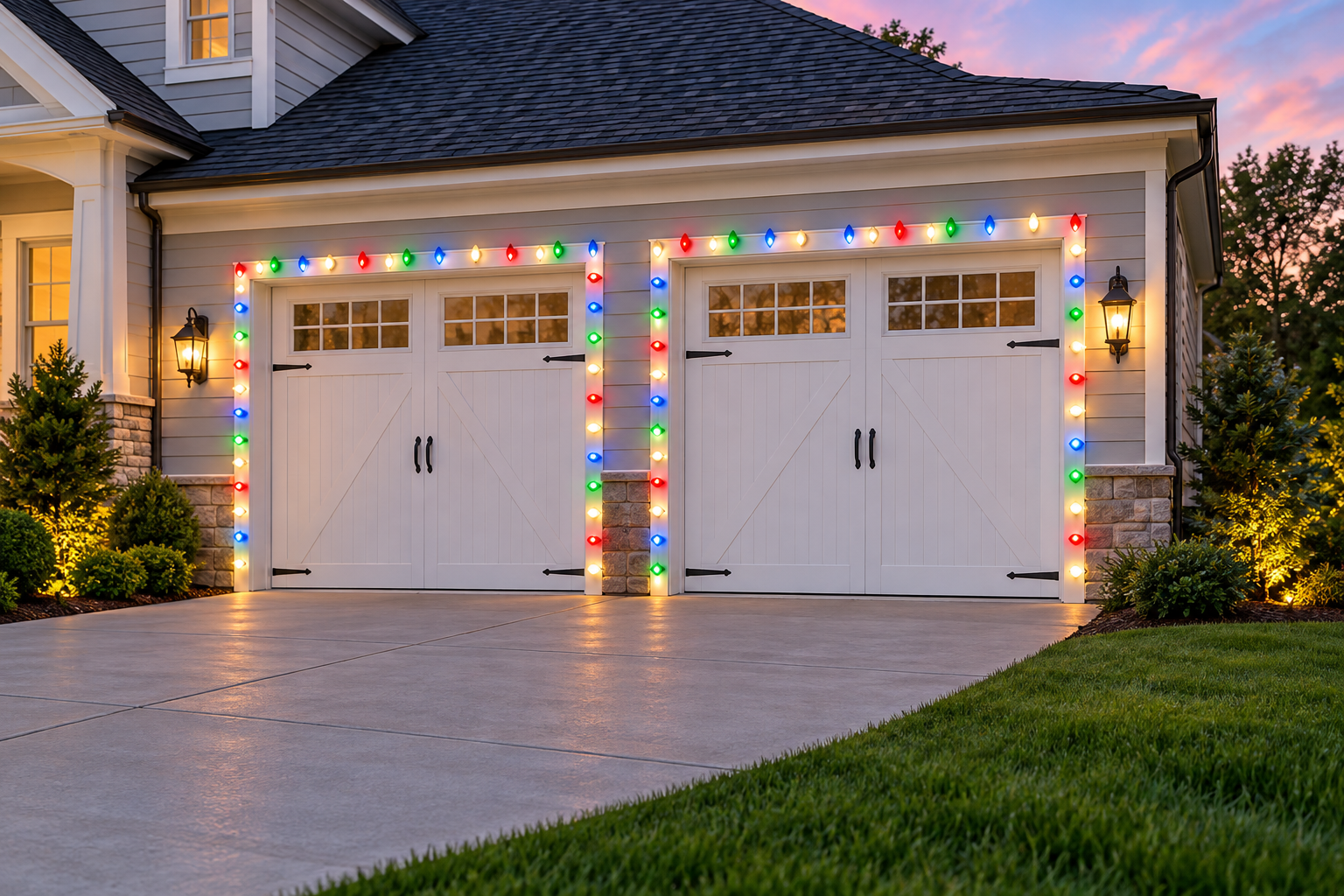 Multicolor Christmas lights framing a residential garage door