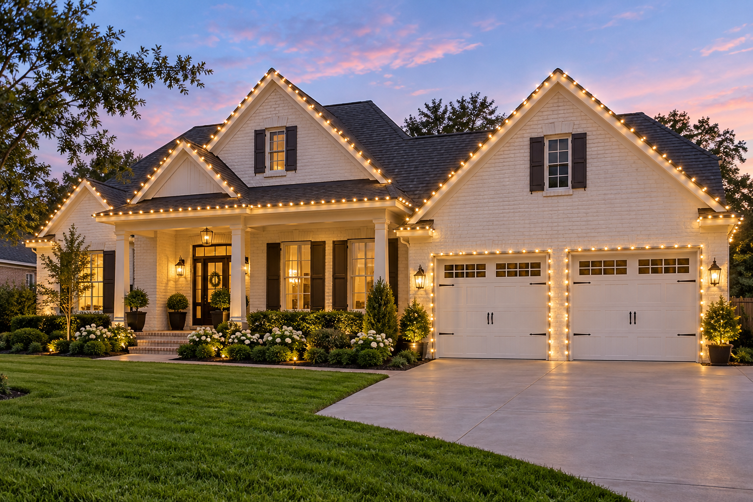 Matching Christmas lights outlining garage door frames and the roofline