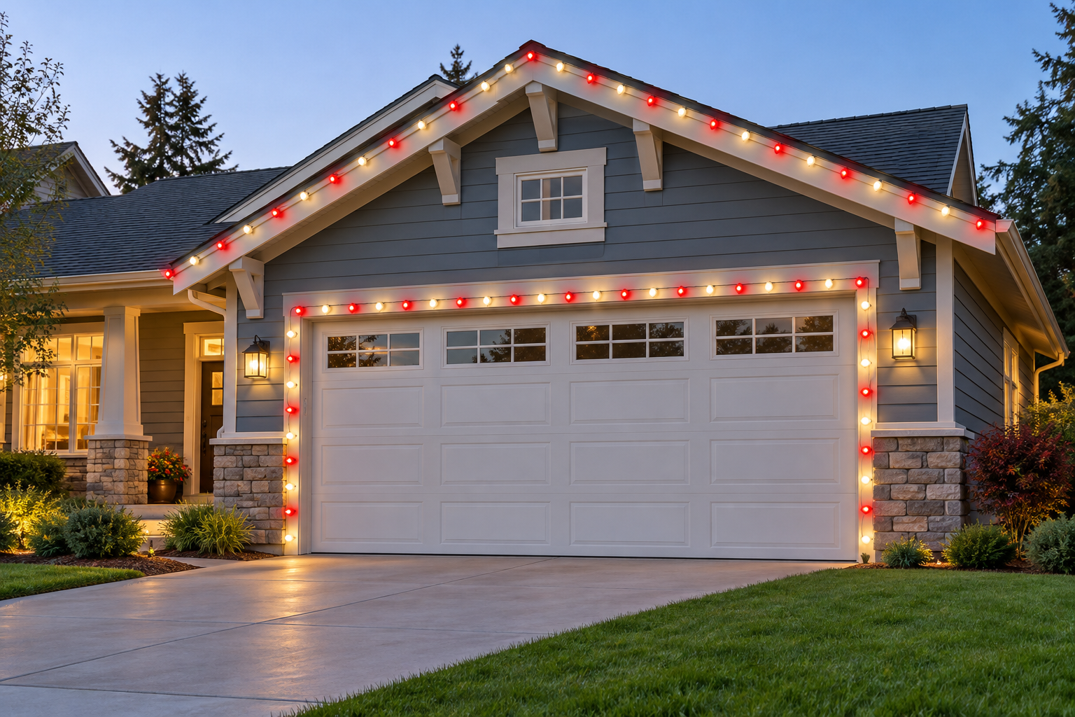 Coordinated Christmas lights outlining garage openings and the home's roofline