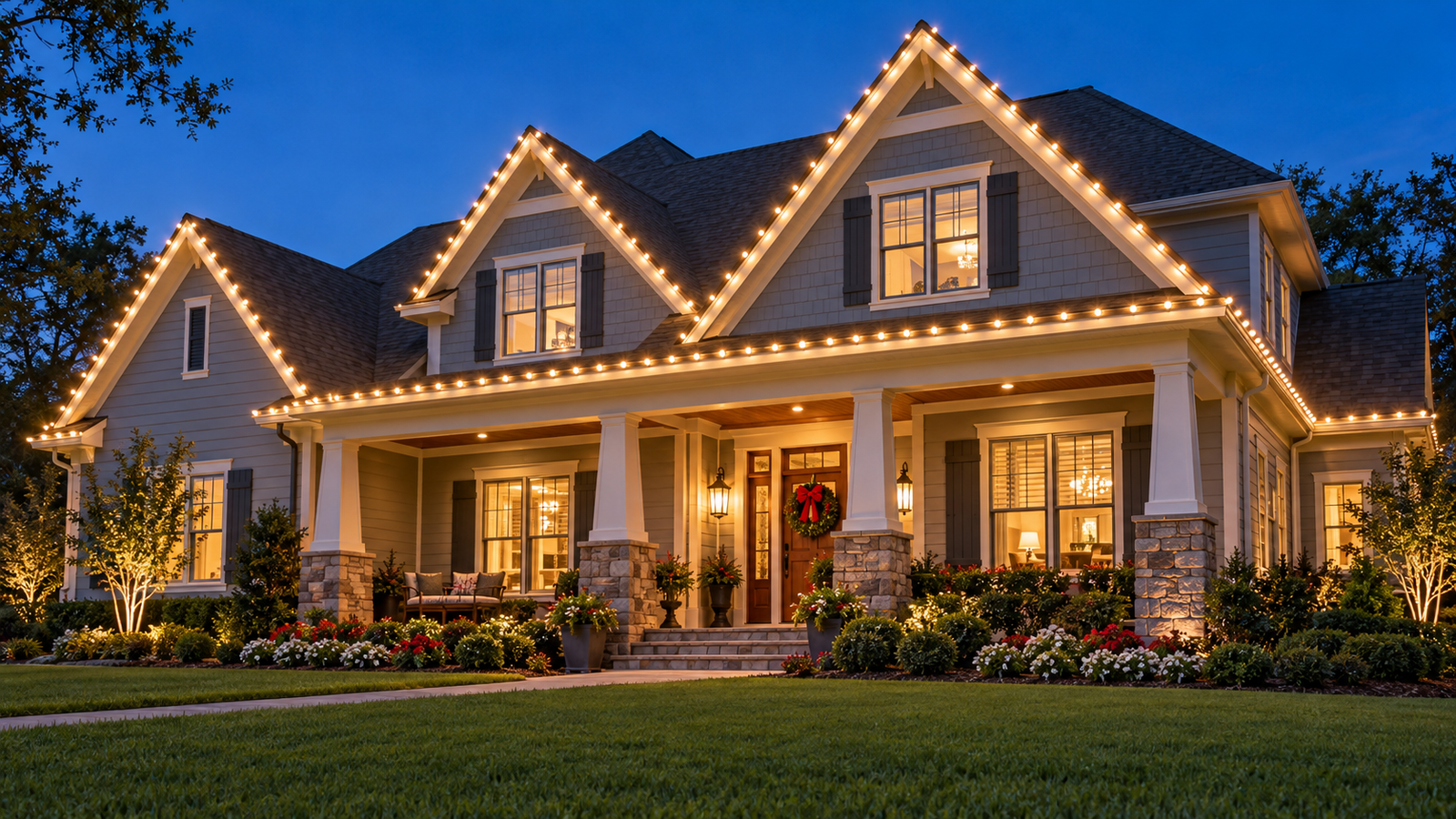 Christmas lighting highlighting roof peaks and gables