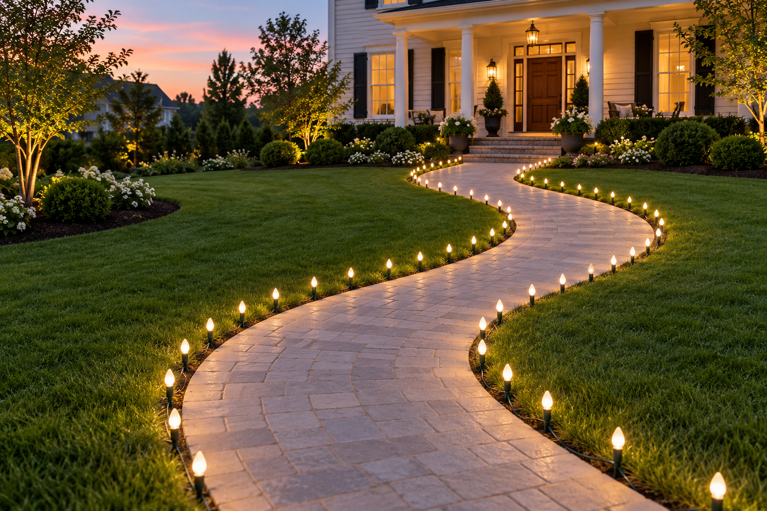 Christmas pathway lights following a curved front walk