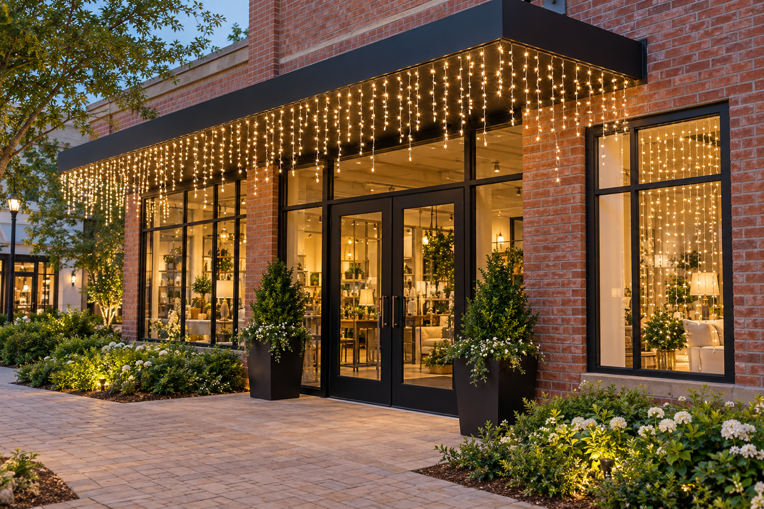 Cascading Christmas lights decorating a business exterior