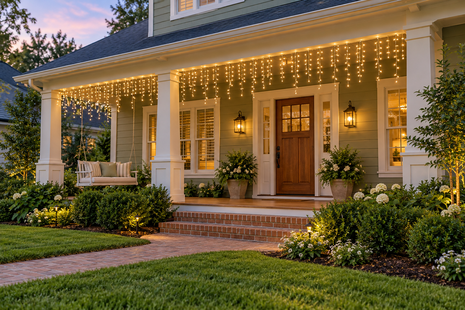 Cascading Christmas light strands hanging along a porch