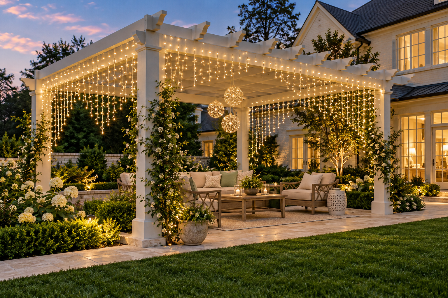 Custom arrangement of hanging Christmas light strands at a home