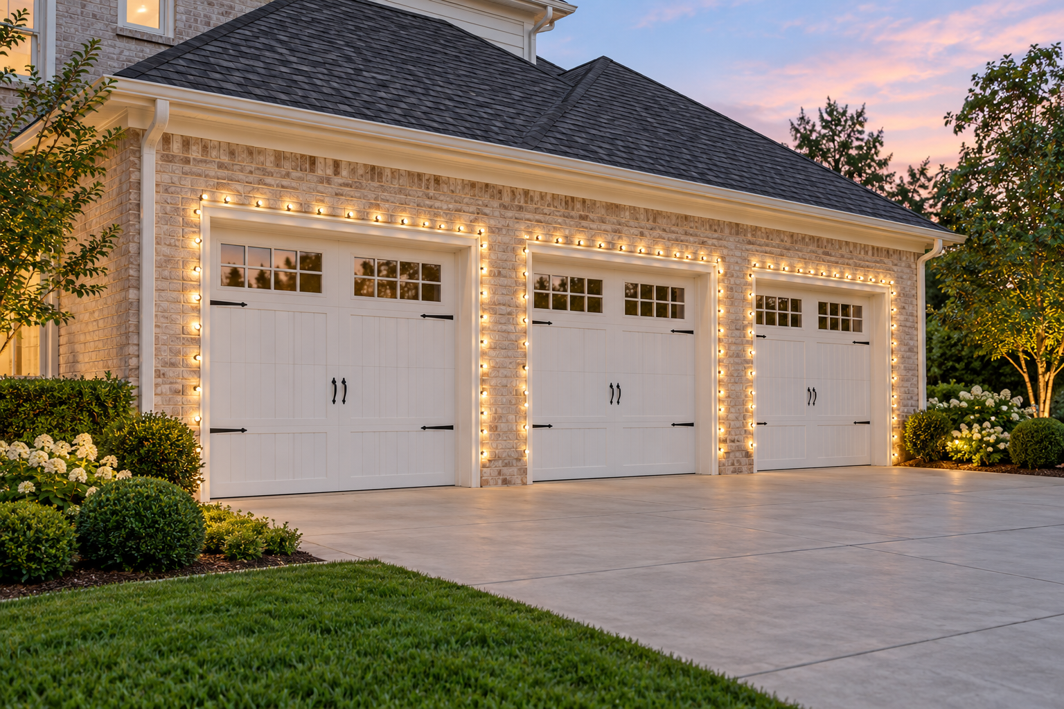 Coordinated Christmas lights framing multiple garage door openings