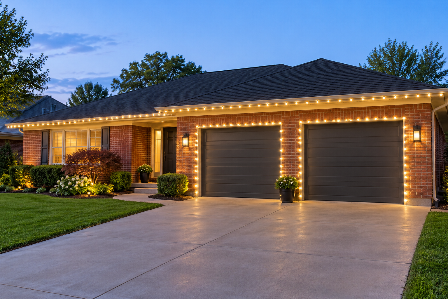 Classic warm white Christmas bulbs arranged around a garage door frame