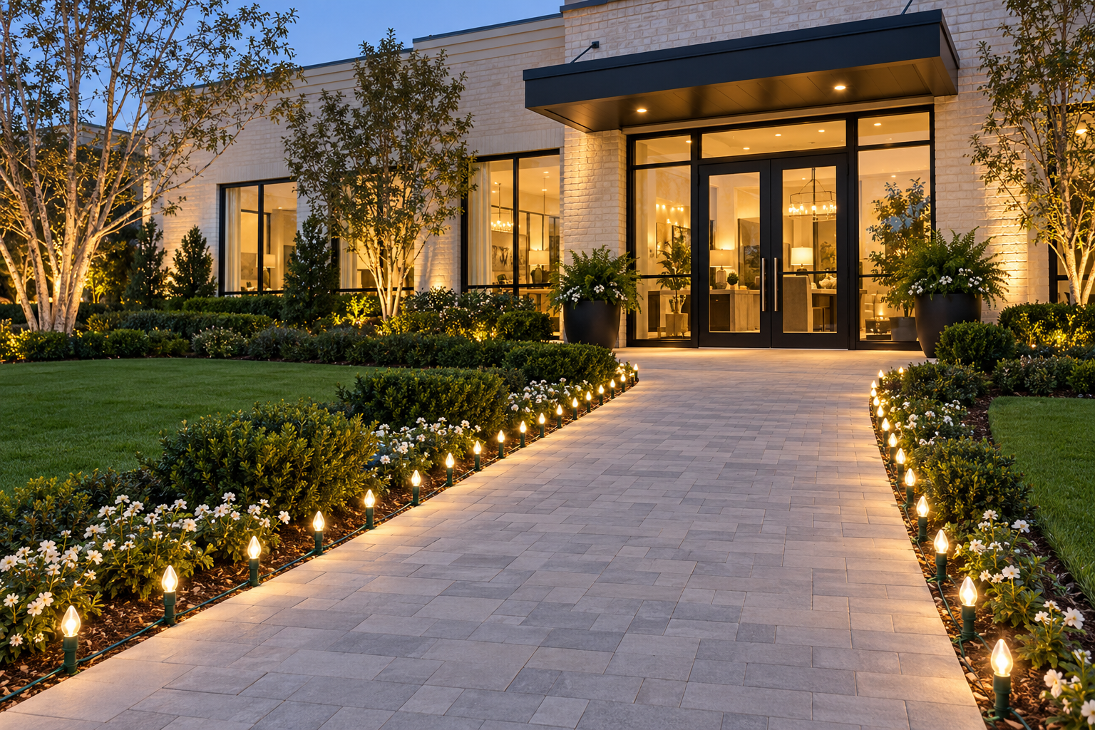 Christmas lights lining a walkway toward a business entrance