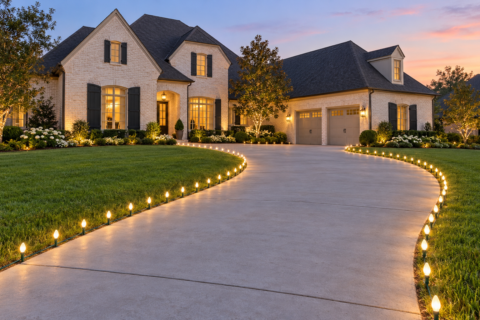 Christmas lights outlining the edges of a residential driveway