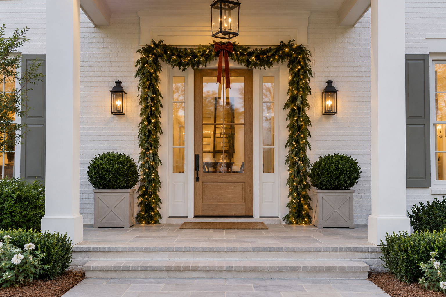 Lit Christmas garland framing a front doorway