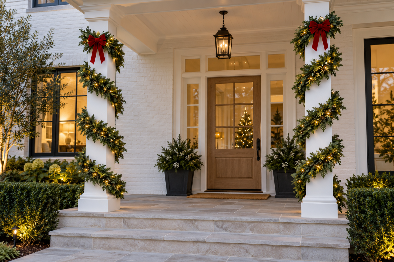 Christmas garland with lights wrapped around porch columns