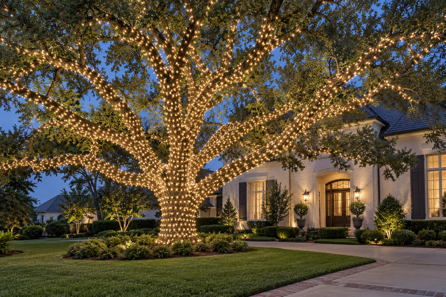 Warm white Christmas lights outlining an outdoor tree's trunk and branches