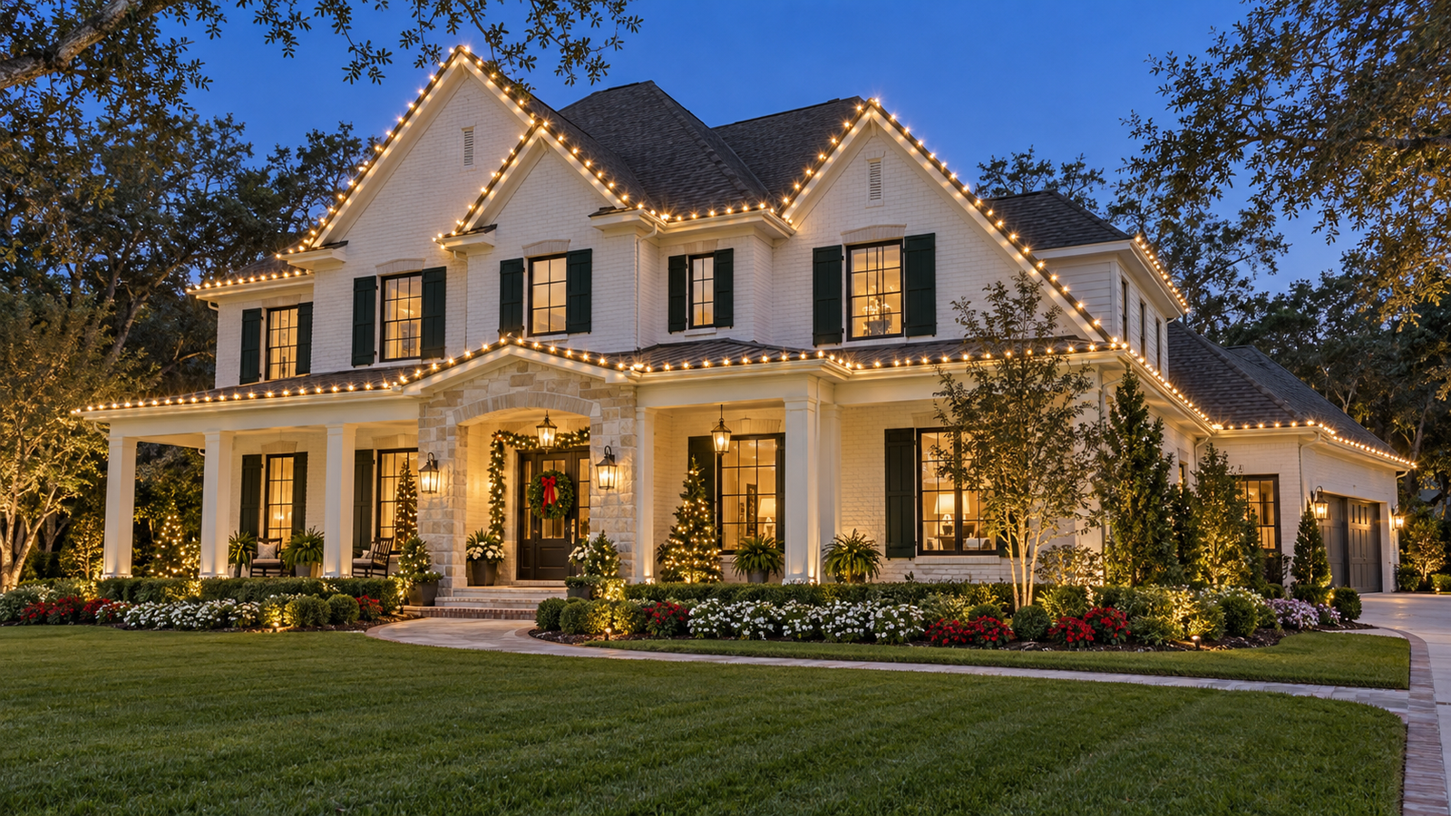 Front roofline decorated with Christmas lights