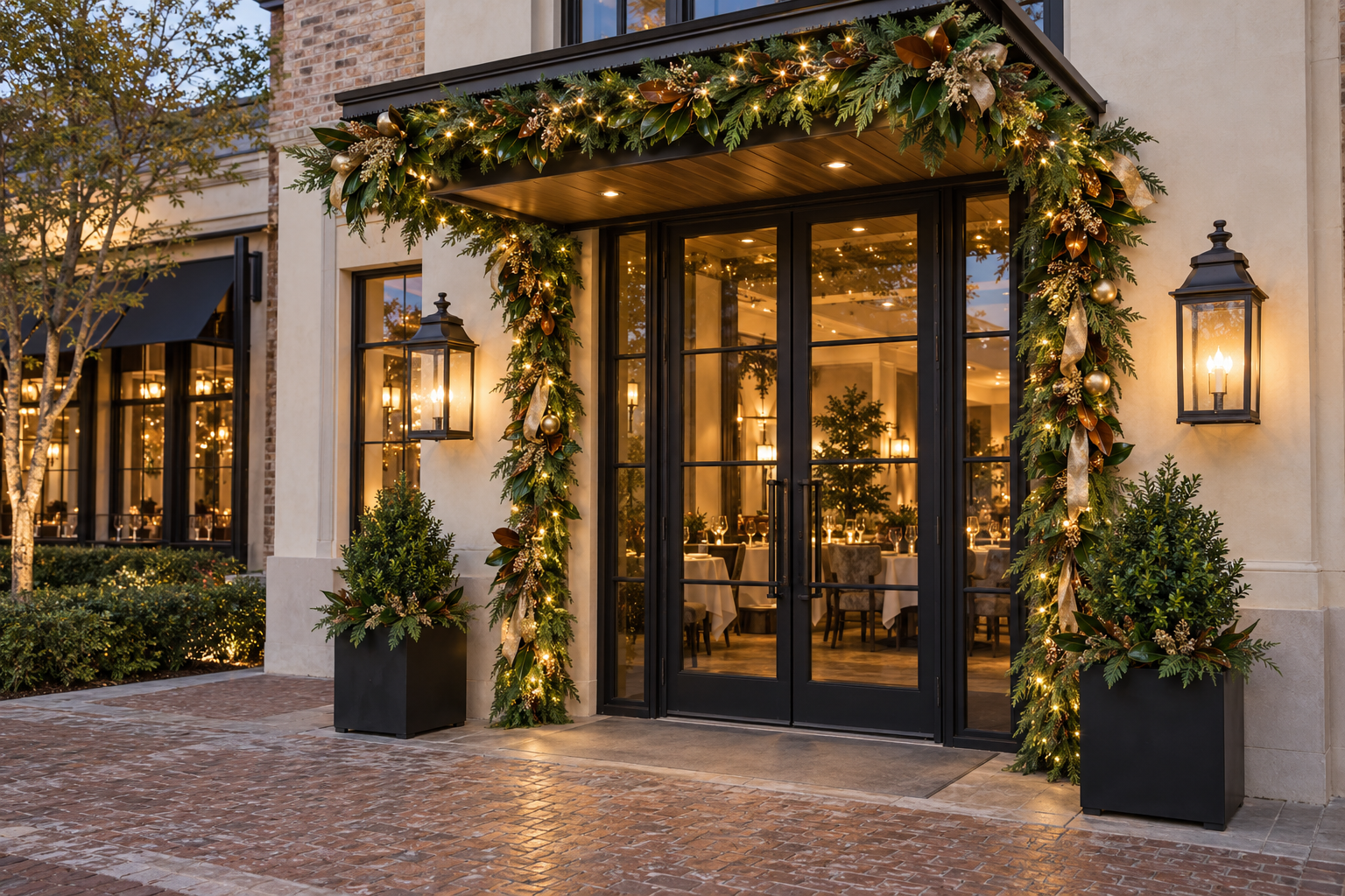 Christmas greenery with lights and red bows decorating an entryway