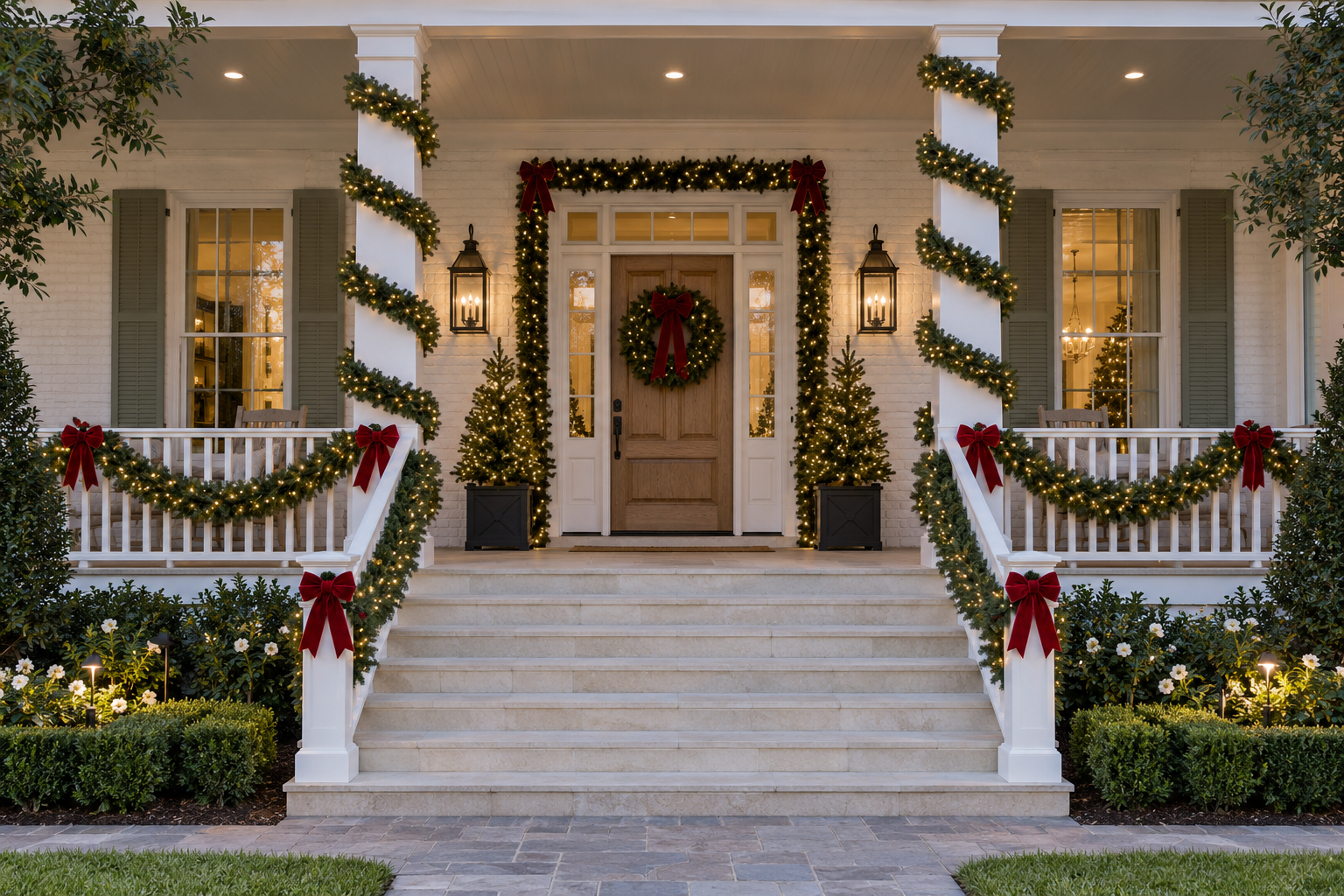 Coordinated lit Christmas garlands decorating a front porch