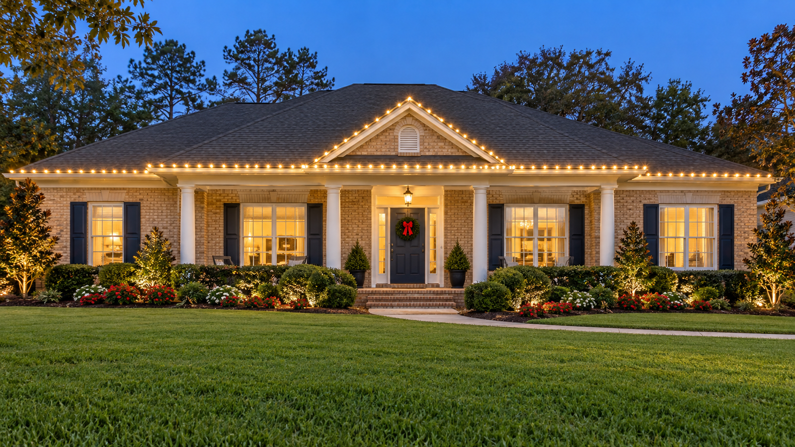 Front roofline Christmas lighting on a home