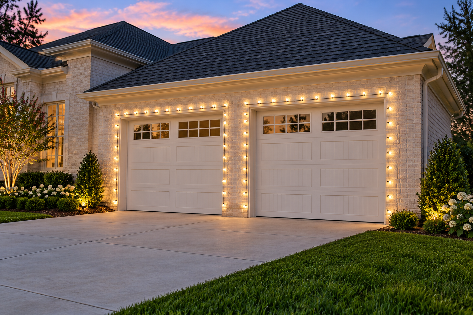 Christmas lights framing garage doors at twilight