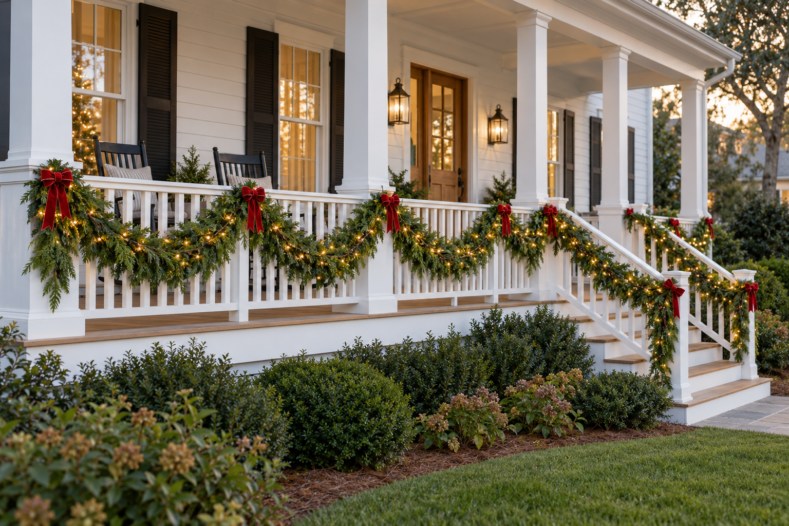 Illuminated Christmas garland draped along a front porch railing