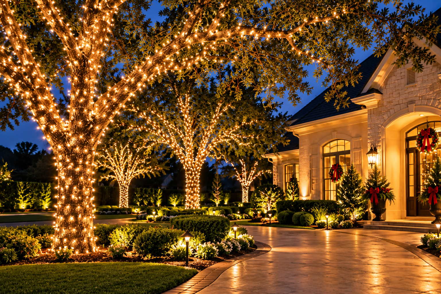 Multicolor Christmas lights decorating both sides of a front pathway