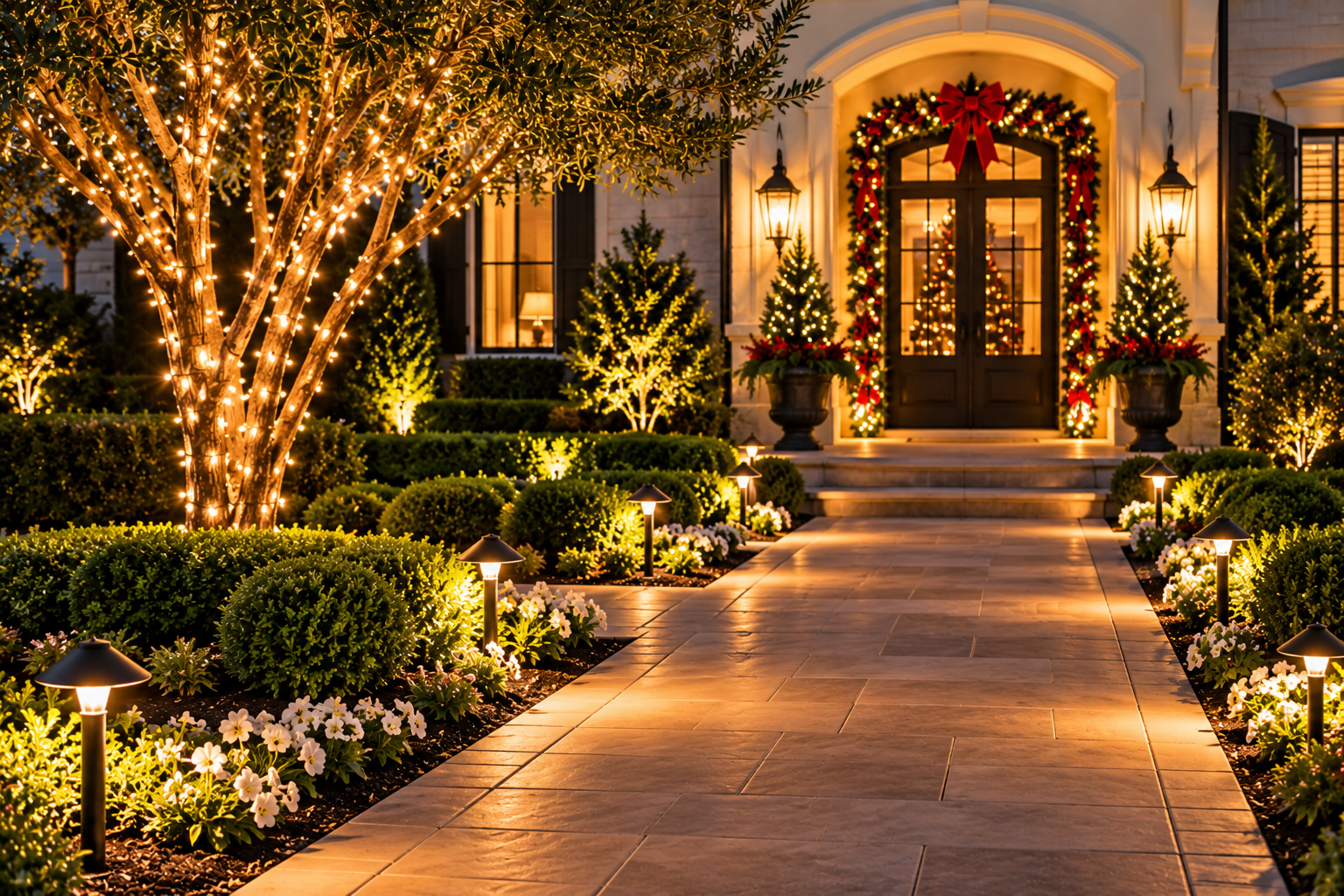 Warm white Christmas lights lining a front walkway toward a home
