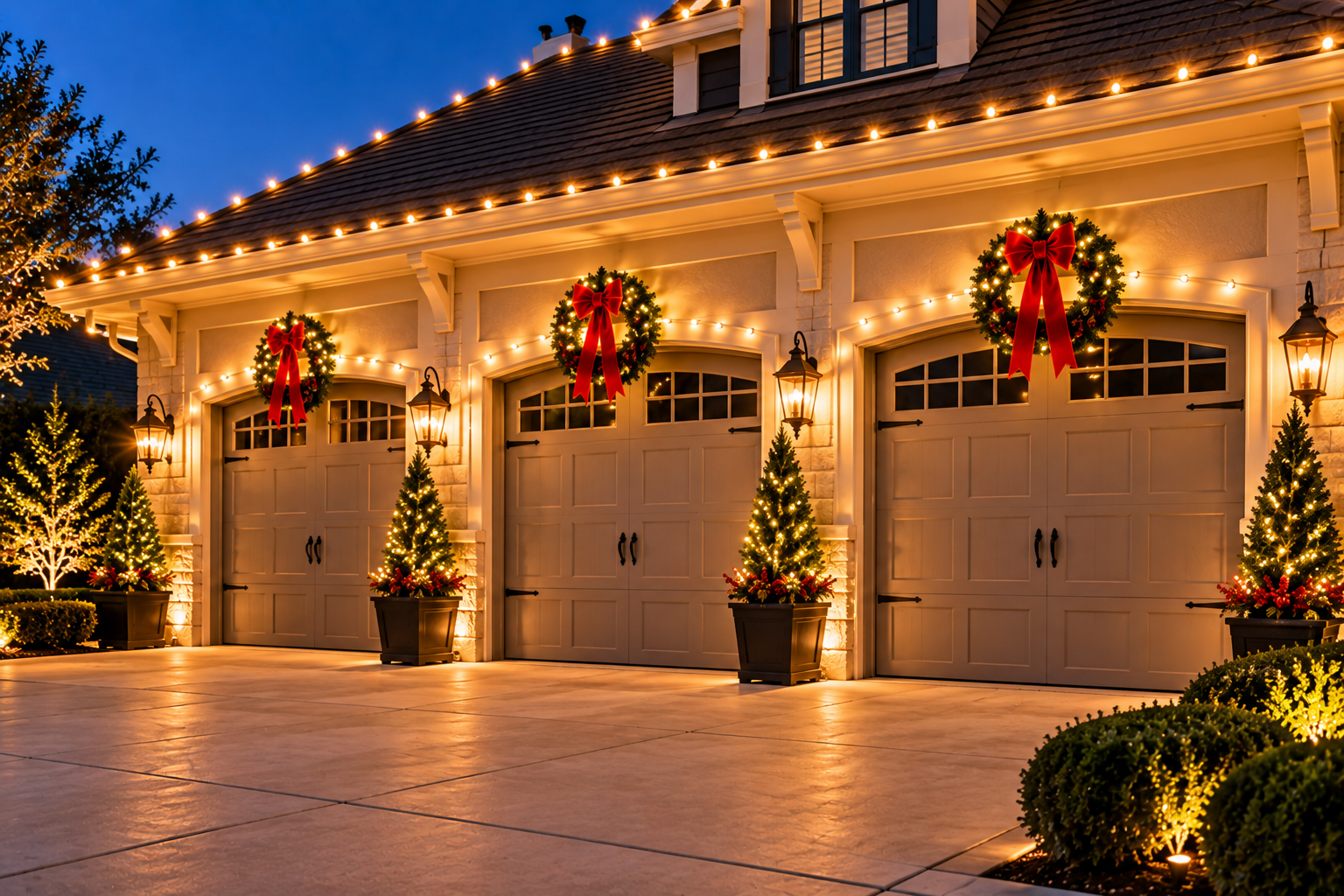Warm white Christmas lights framing a single garage door opening