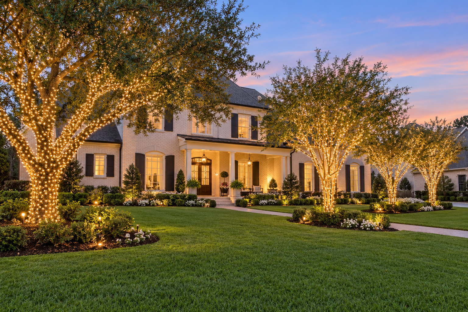 Front-yard trees illuminated with Christmas lights beside an American home