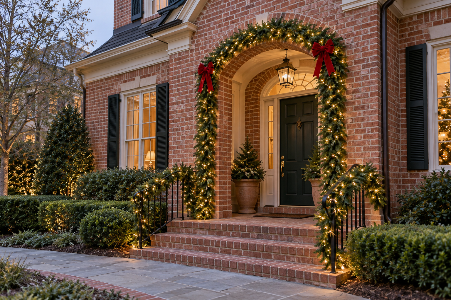 Christmas garland with warm white lights draped along a porch railing