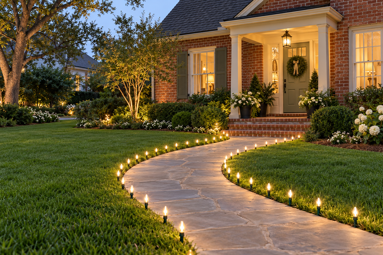 Festive Christmas walkway lights leading toward a business entrance
