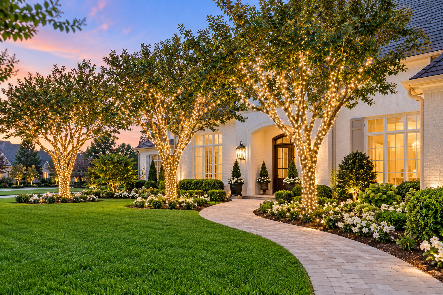 Outdoor trees wrapped in warm white Christmas lights beside a home