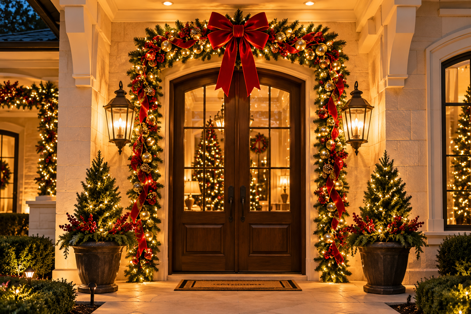 Warm white lit Christmas garland framing a front doorway