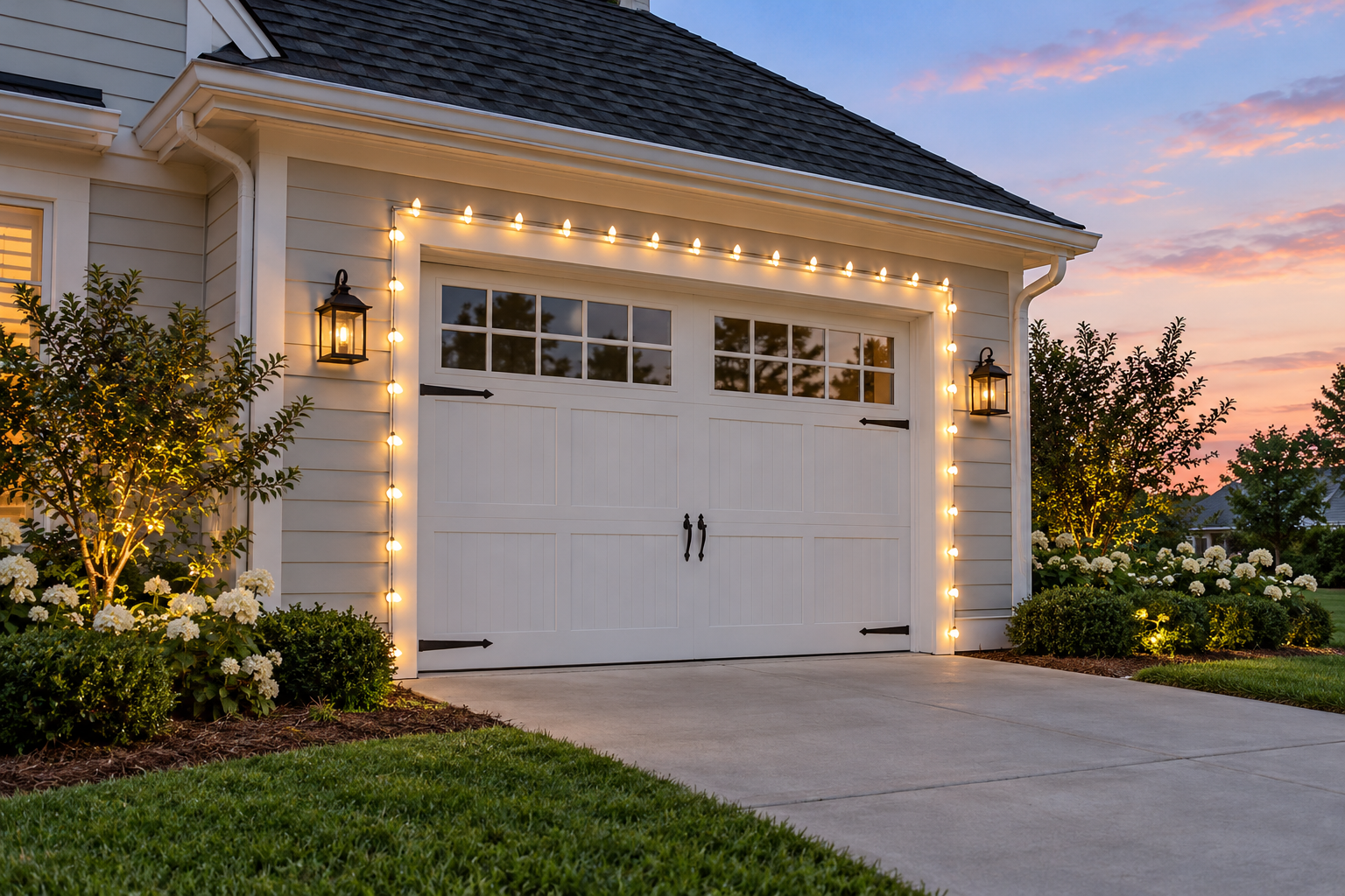 Warm white Christmas lights framing a single garage door opening