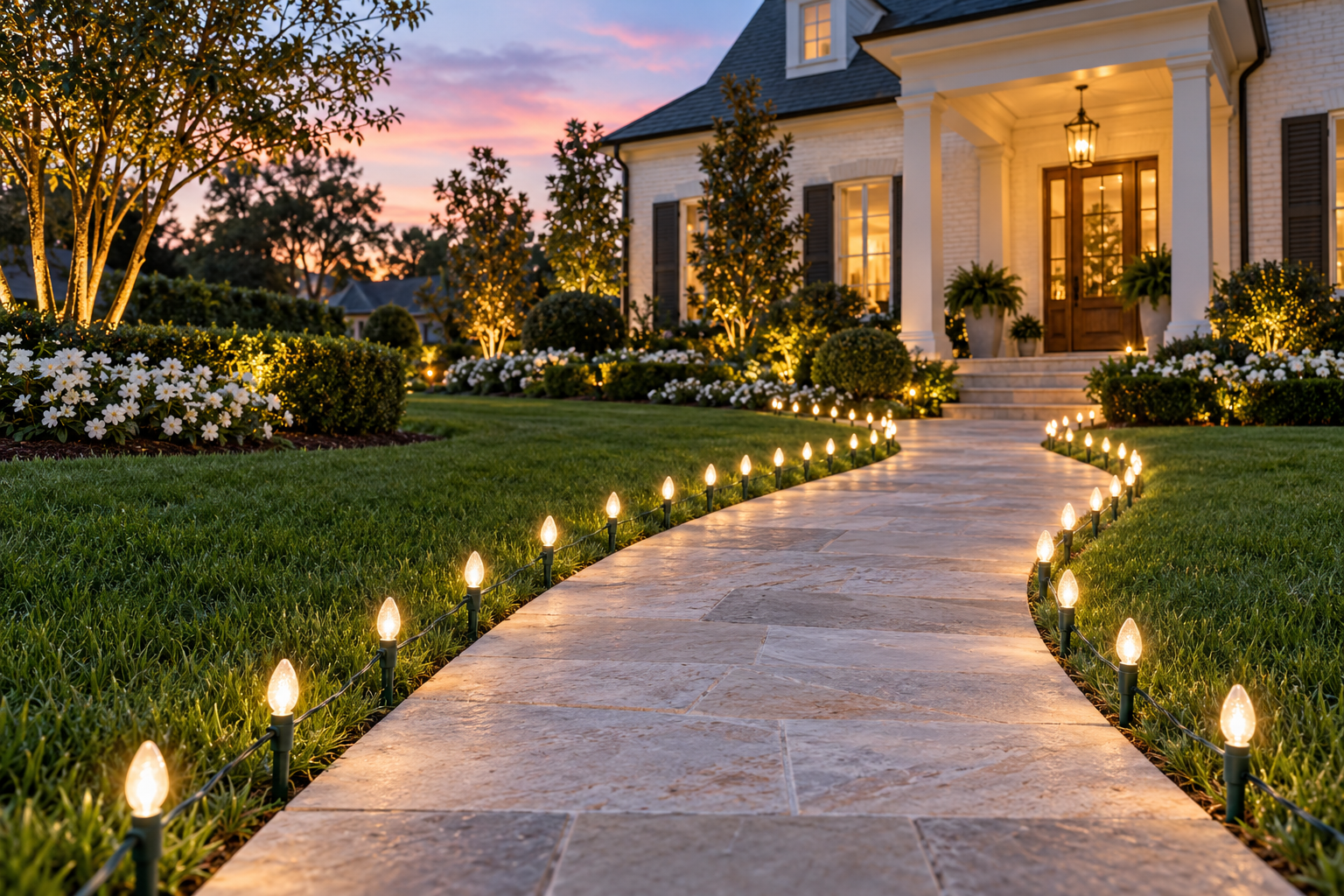 Christmas lights neatly lining a front walkway leading to a decorated home