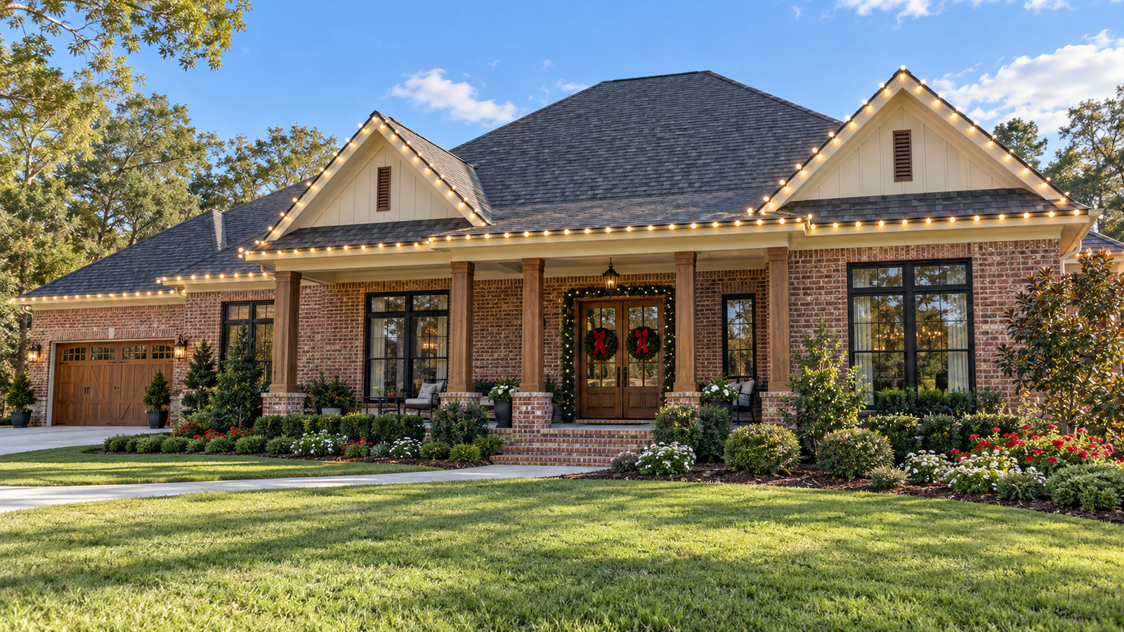 Evenly spaced holiday lights following a roofline