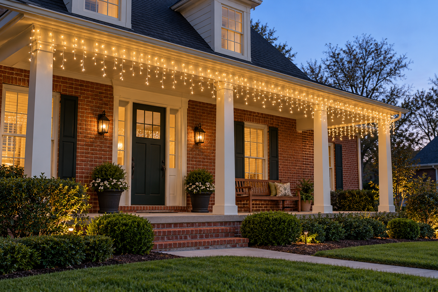 Warm white cascading Christmas lights creating a soft holiday glow