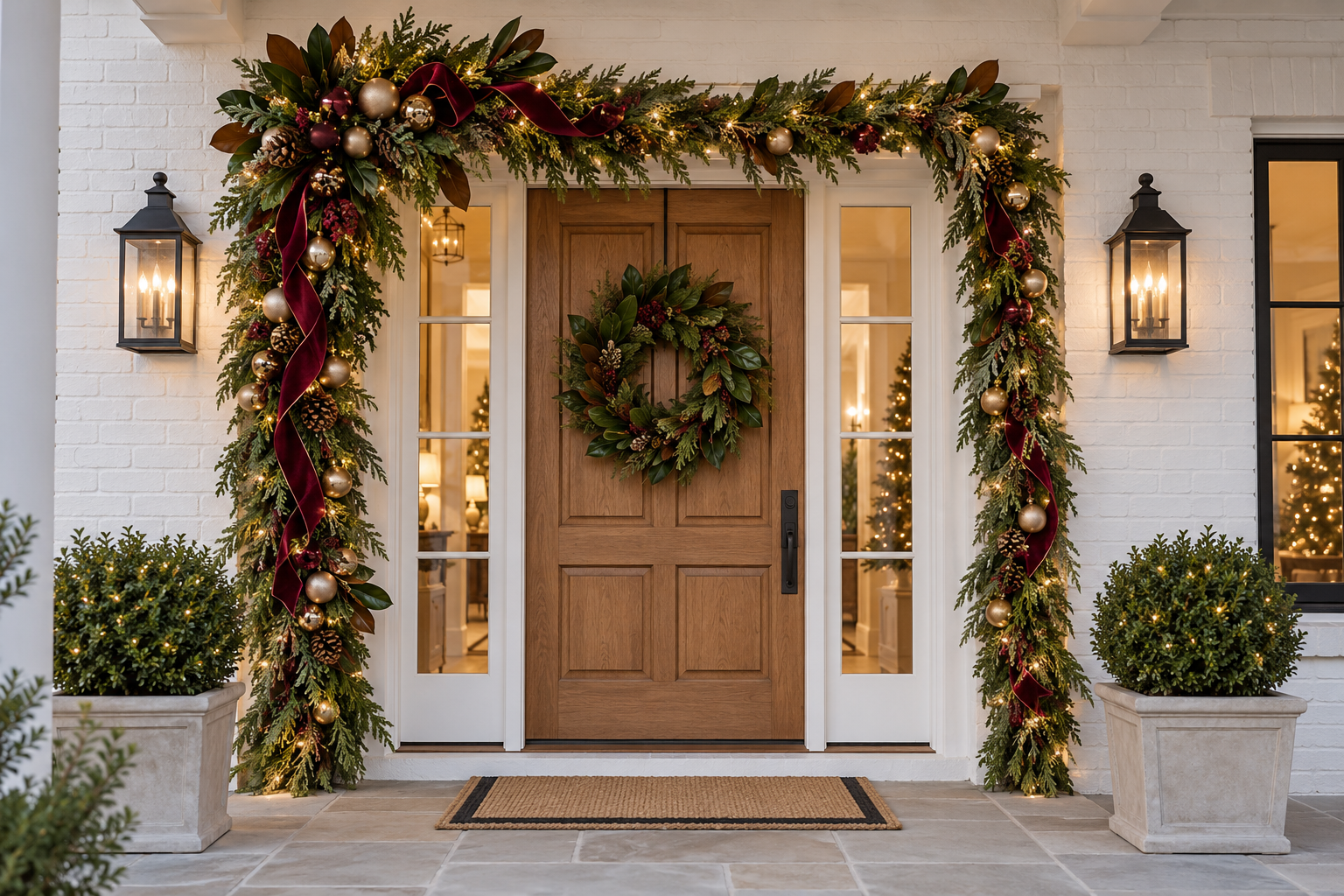 Custom illuminated Christmas garland arrangement at a home entrance