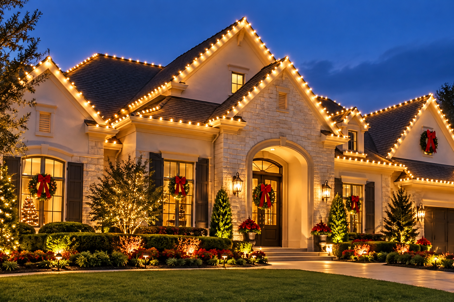 Warm white Christmas lights outlining a home's roofline