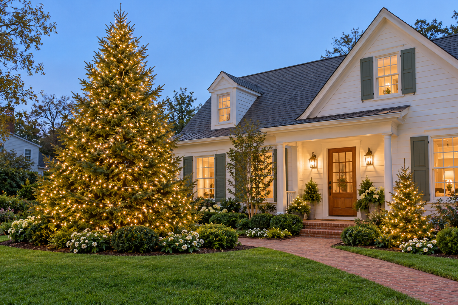 Small ornamental tree decorated with glowing Christmas string lights