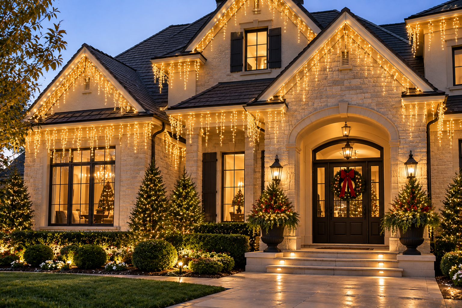 Custom hanging Christmas light arrangement coordinated with a home's holiday decorations