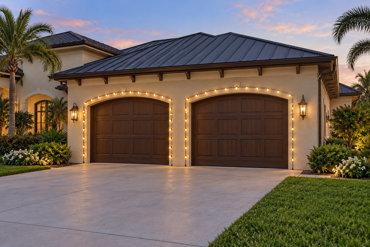 Matching Christmas lights framing multiple garage door openings