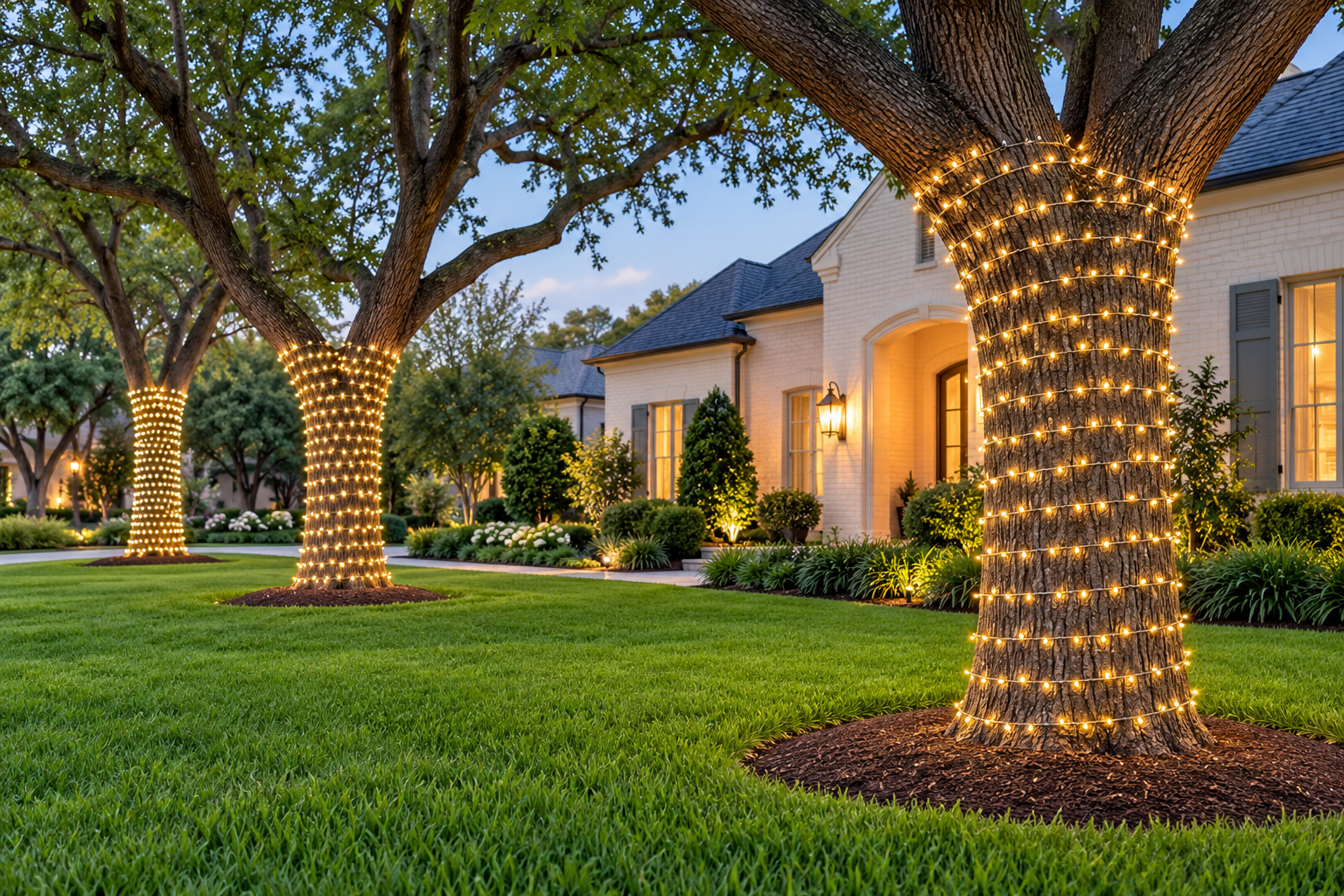 Outdoor tree trunk wrapped with warm white Christmas lights at twilight