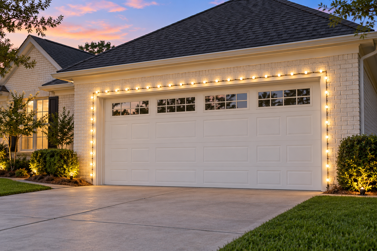 Christmas lights outlining a double garage door at twilight